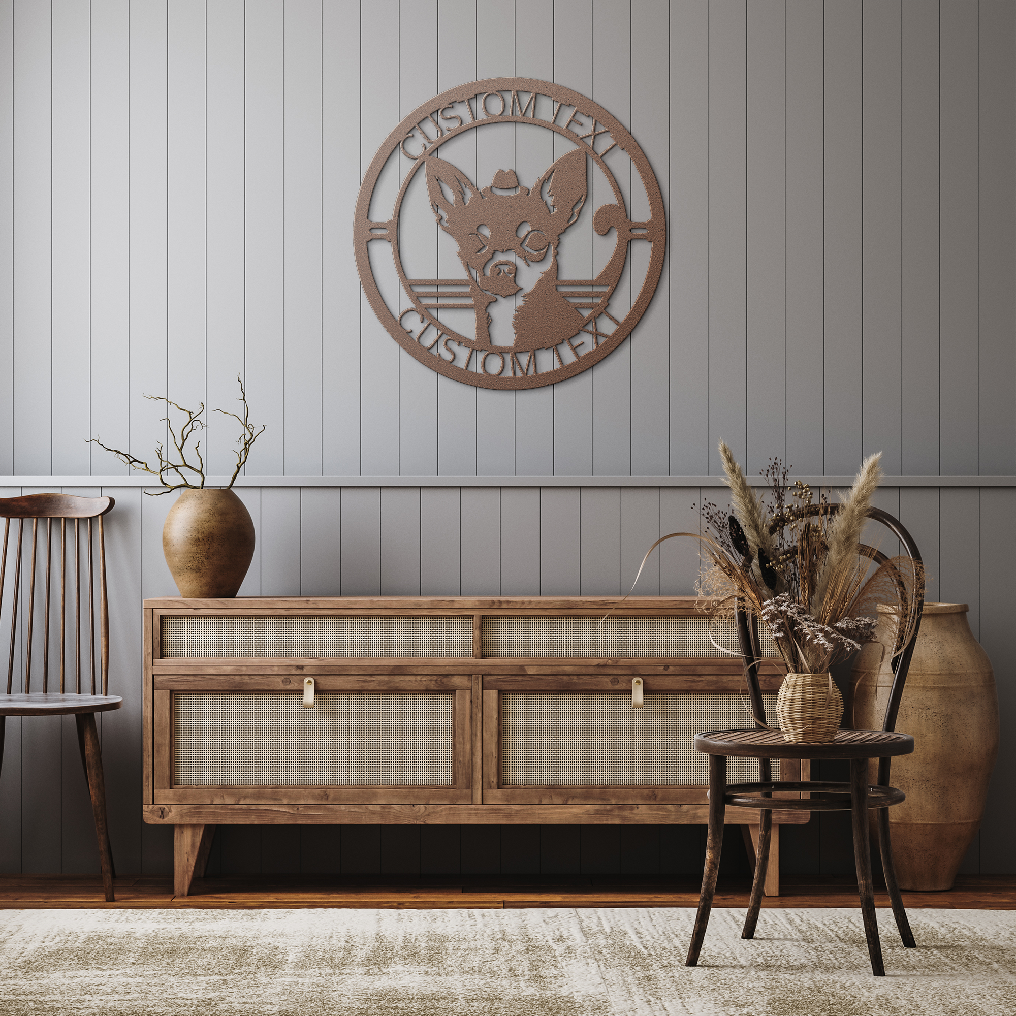 Custom_Metal_Chihuahua_Wall_Art_-_Person_Copper_Rustic_Hallway_Mockup.png