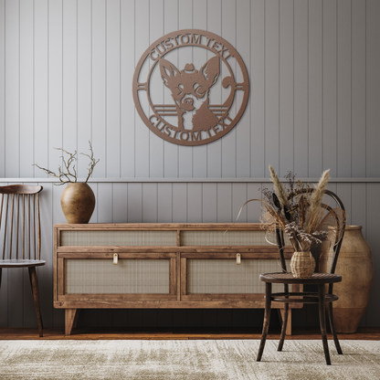 Chihuahua custom metal wall sign in 5 colors & 6 sizes. Made from durable 18-gauge steel, perfect for indoor or outdoor decor. Stylish, weather-resistant charm.
