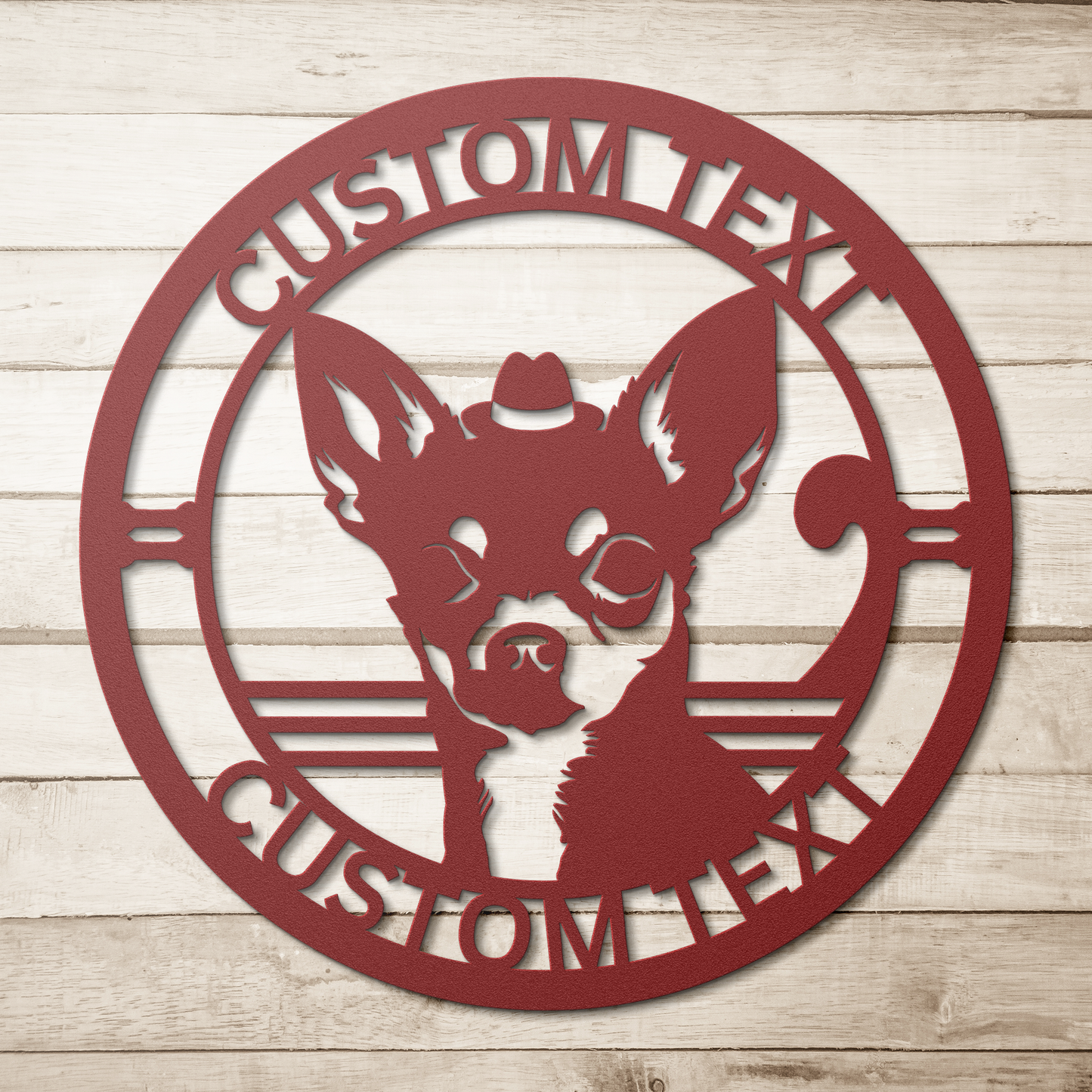 Chihuahua custom metal wall sign in 5 colors & 6 sizes. Made from durable 18-gauge steel, perfect for indoor or outdoor decor. Stylish, weather-resistant charm.