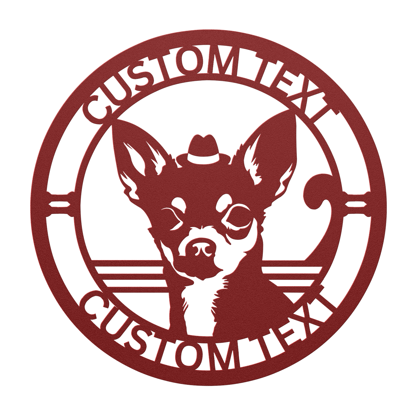 Chihuahua custom metal wall sign in 5 colors & 6 sizes. Made from durable 18-gauge steel, perfect for indoor or outdoor decor. Stylish, weather-resistant charm.