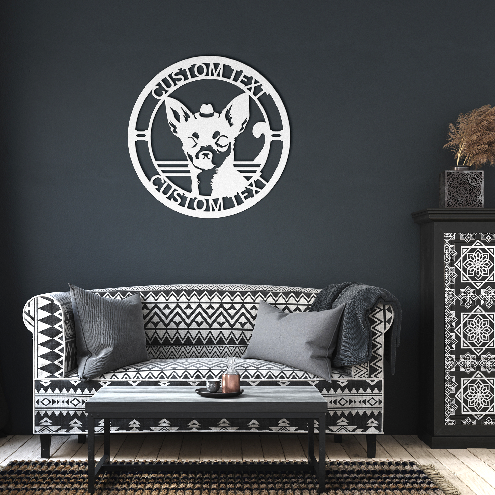 Chihuahua custom metal wall sign in 5 colors & 6 sizes. Made from durable 18-gauge steel, perfect for indoor or outdoor decor. Stylish, weather-resistant charm.