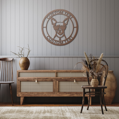 Chihuahua custom metal wall sign in 5 colors & 6 sizes. Made from durable 18-gauge steel, perfect for indoor or outdoor decor. Stylish, weather-resistant charm.