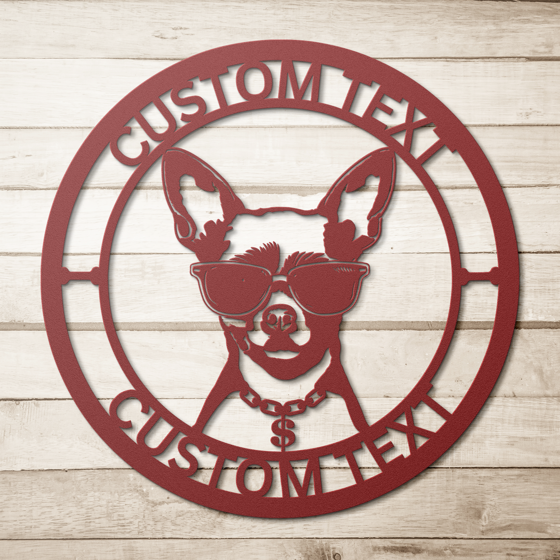 Chihuahua custom metal wall sign in 5 colors & 6 sizes. Made from durable 18-gauge steel, perfect for indoor or outdoor decor. Stylish, weather-resistant charm.