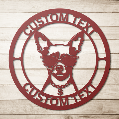 Chihuahua custom metal wall sign in 5 colors & 6 sizes. Made from durable 18-gauge steel, perfect for indoor or outdoor decor. Stylish, weather-resistant charm.