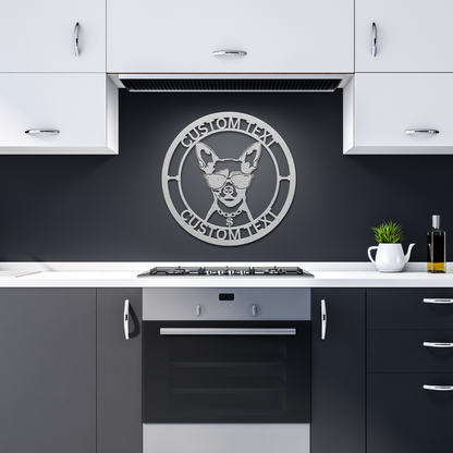 Chihuahua custom metal wall sign in 5 colors & 6 sizes. Made from durable 18-gauge steel, perfect for indoor or outdoor decor. Stylish, weather-resistant charm.