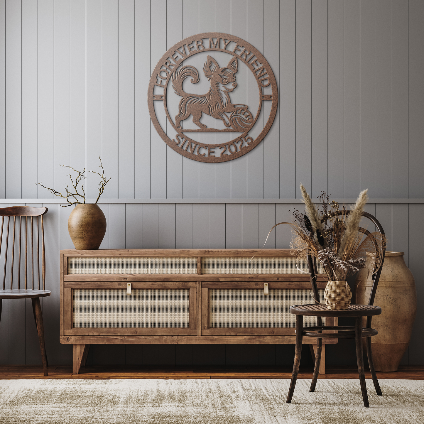 Custom_Metal_Cute_Chihuahua_Wall_Art_-_P_Copper_Rustic_Hallway_Mockup.png