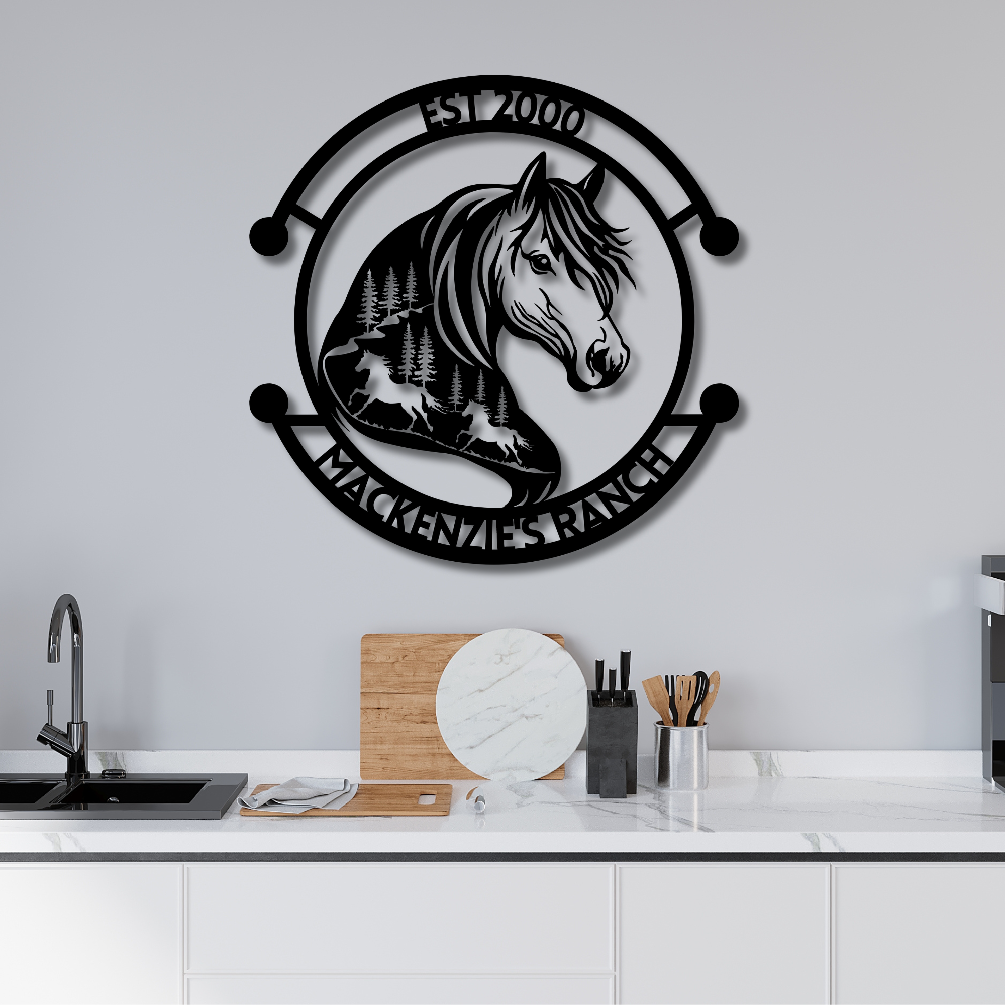 Custom Metal Horse Wall Art - Family Name Sign with House Numbers, Stylish Farmhouse Decor