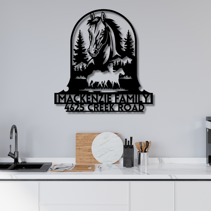 Custom Metal Hobby Horse Wall Art - Personalized Family Name & House Number Sign, Farmhouse Decor