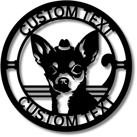 Chihuahua custom metal wall sign in 5 colors & 6 sizes. Made from durable 18-gauge steel, perfect for indoor or outdoor decor. Stylish, weather-resistant charm.