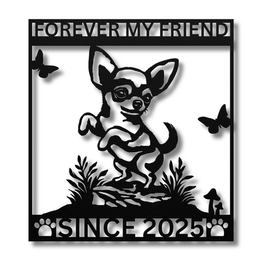 Chihuahua custom metal wall sign in 5 colors & 6 sizes. Made from durable 18-gauge steel, perfect for indoor or outdoor decor. Stylish, weather-resistant charm.