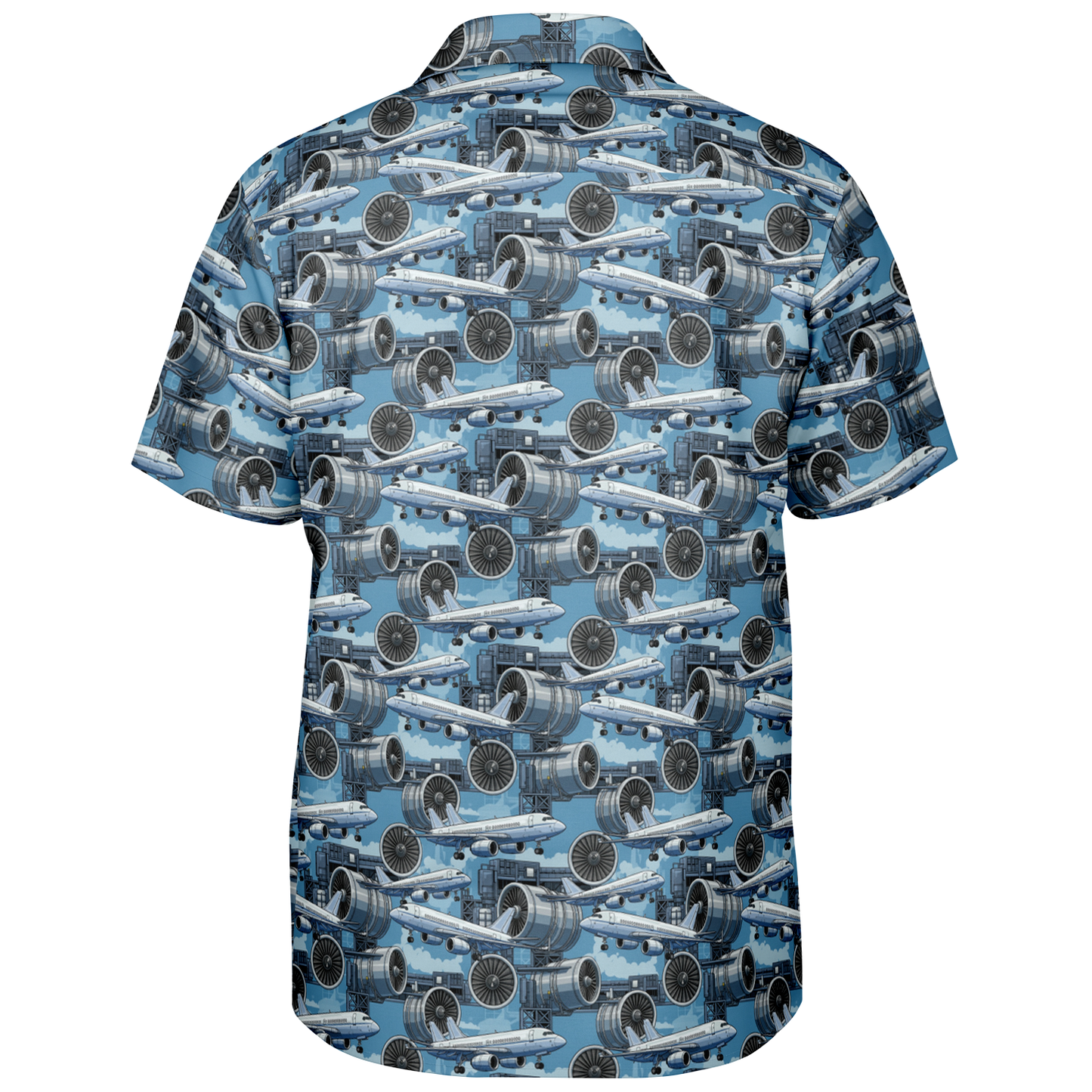 Spread Collar Short Sleeve Button-Down Blue Sky Aircraft Mechanic Shirt - AOP