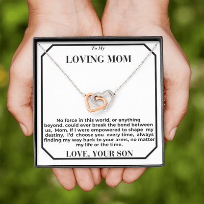To Mom -  break the bond  - Interlocking Hearts Necklace - From Son