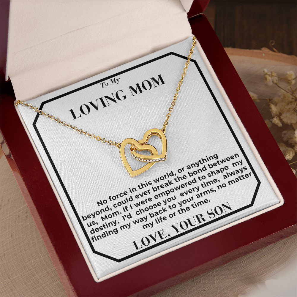 To Mom -  break the bond  - Interlocking Hearts Necklace - From Son