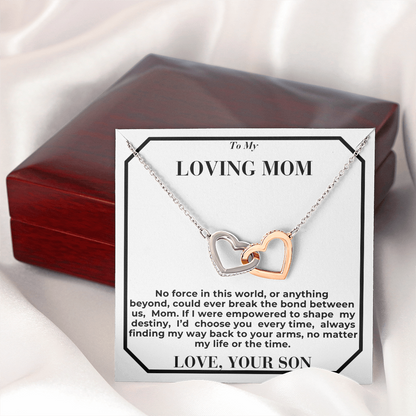 To Mom -  break the bond  - Interlocking Hearts Necklace - From Son