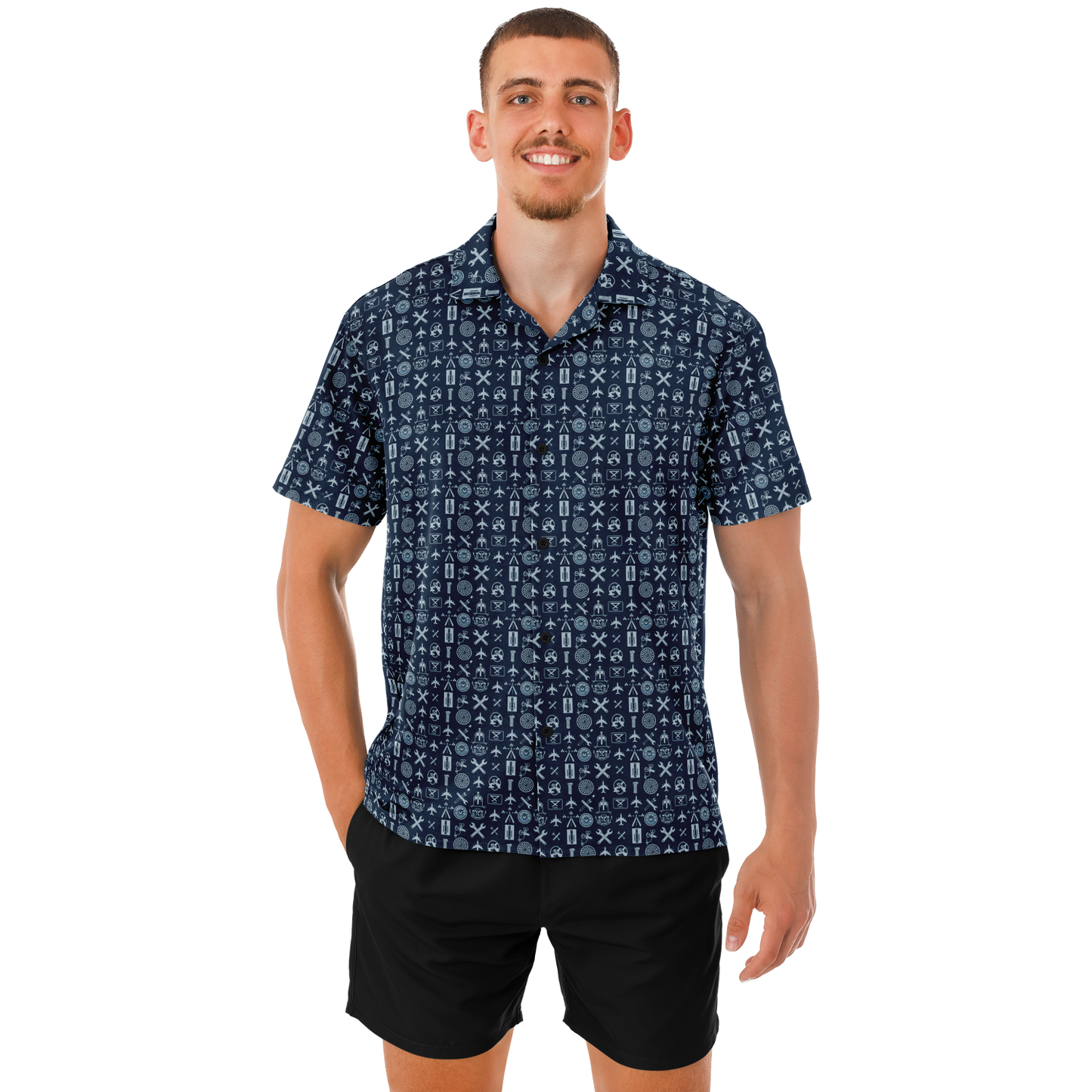 Spread Collar Short Sleeve Button-Down Shirt Aircraft Mechanics- AOP