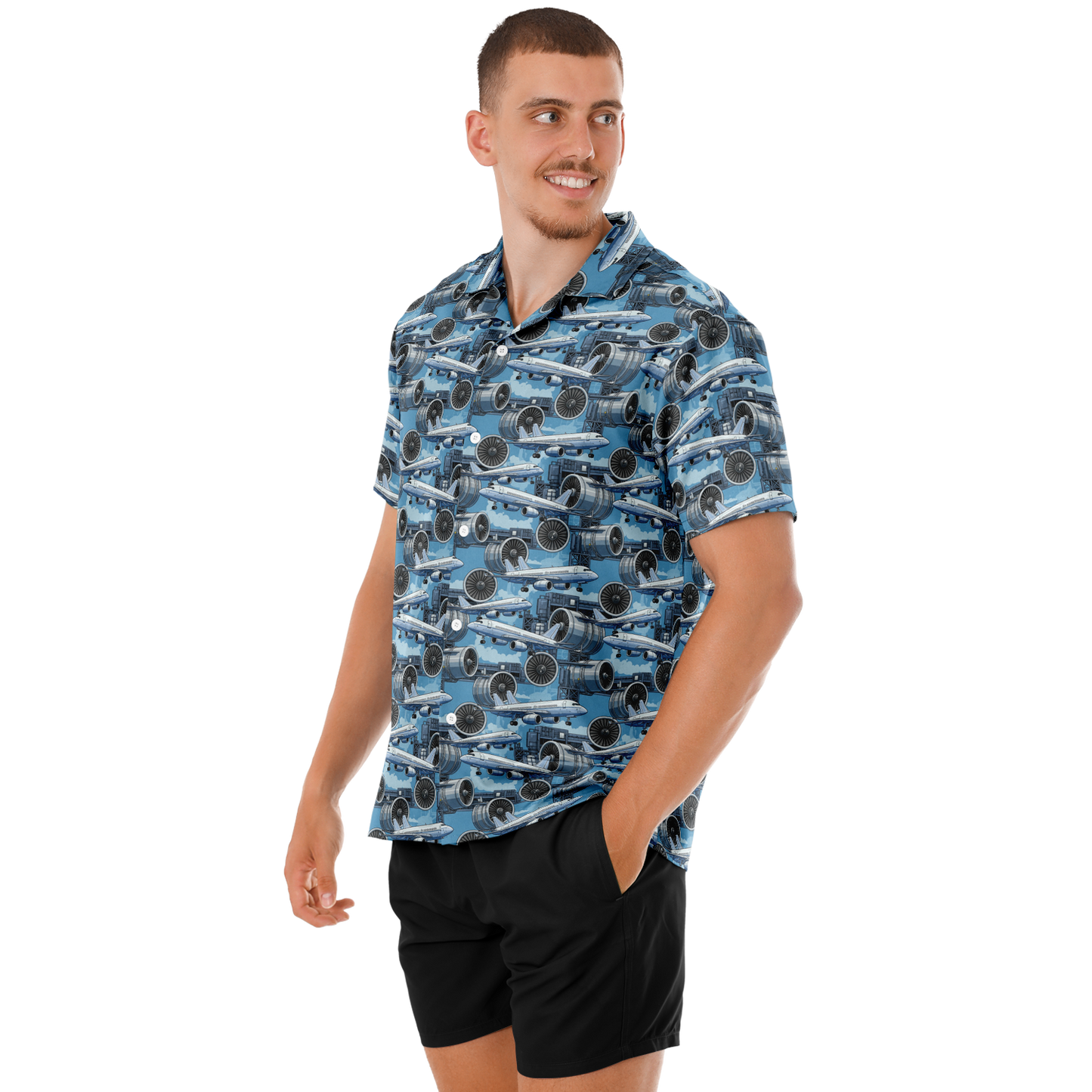 Spread Collar Short Sleeve Button-Down Blue Sky Aircraft Mechanic Shirt - AOP
