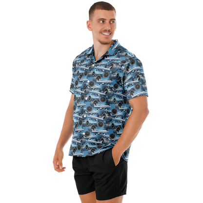 Spread Collar Short Sleeve Button-Down Blue Sky Aircraft Mechanic Shirt - AOP