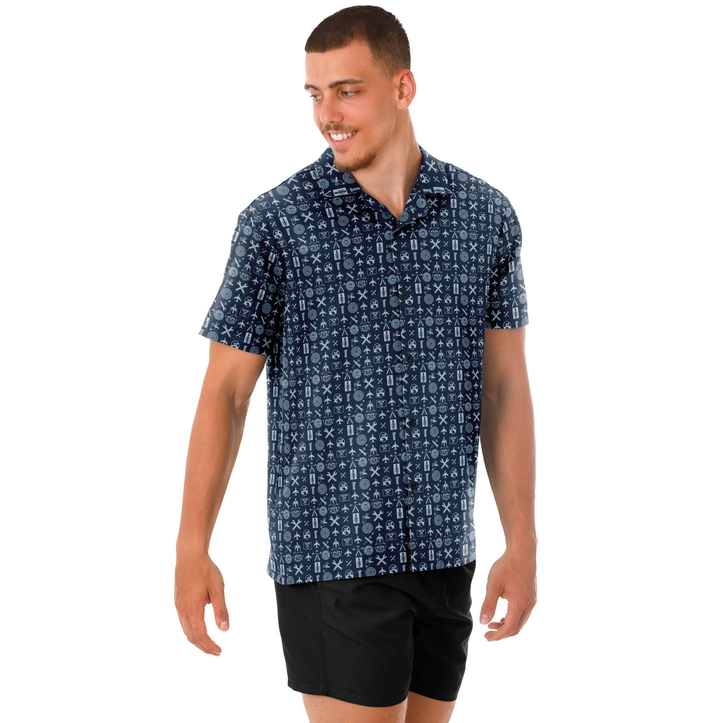 Spread Collar Short Sleeve Button-Down Shirt Aircraft Mechanics- AOP