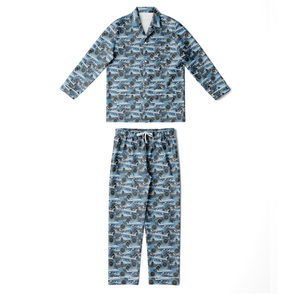 Men's Satin Blue Sky Aircraft Mechanic Pajamas - AOP