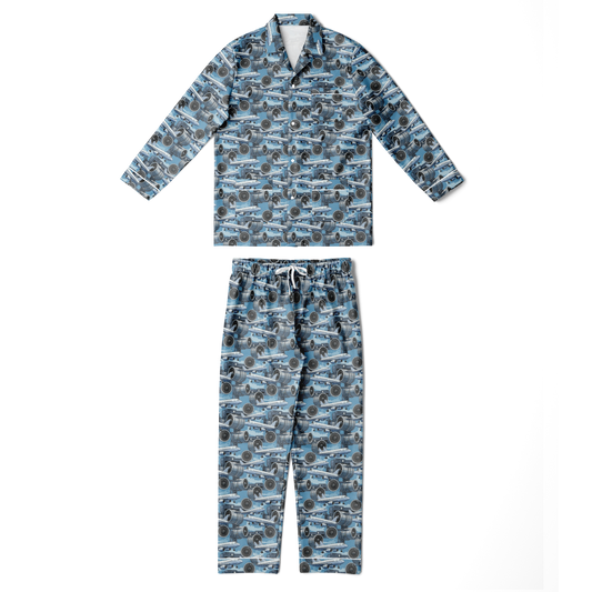 Men's Satin Blue Sky Aircraft Mechanic Pajamas - AOP