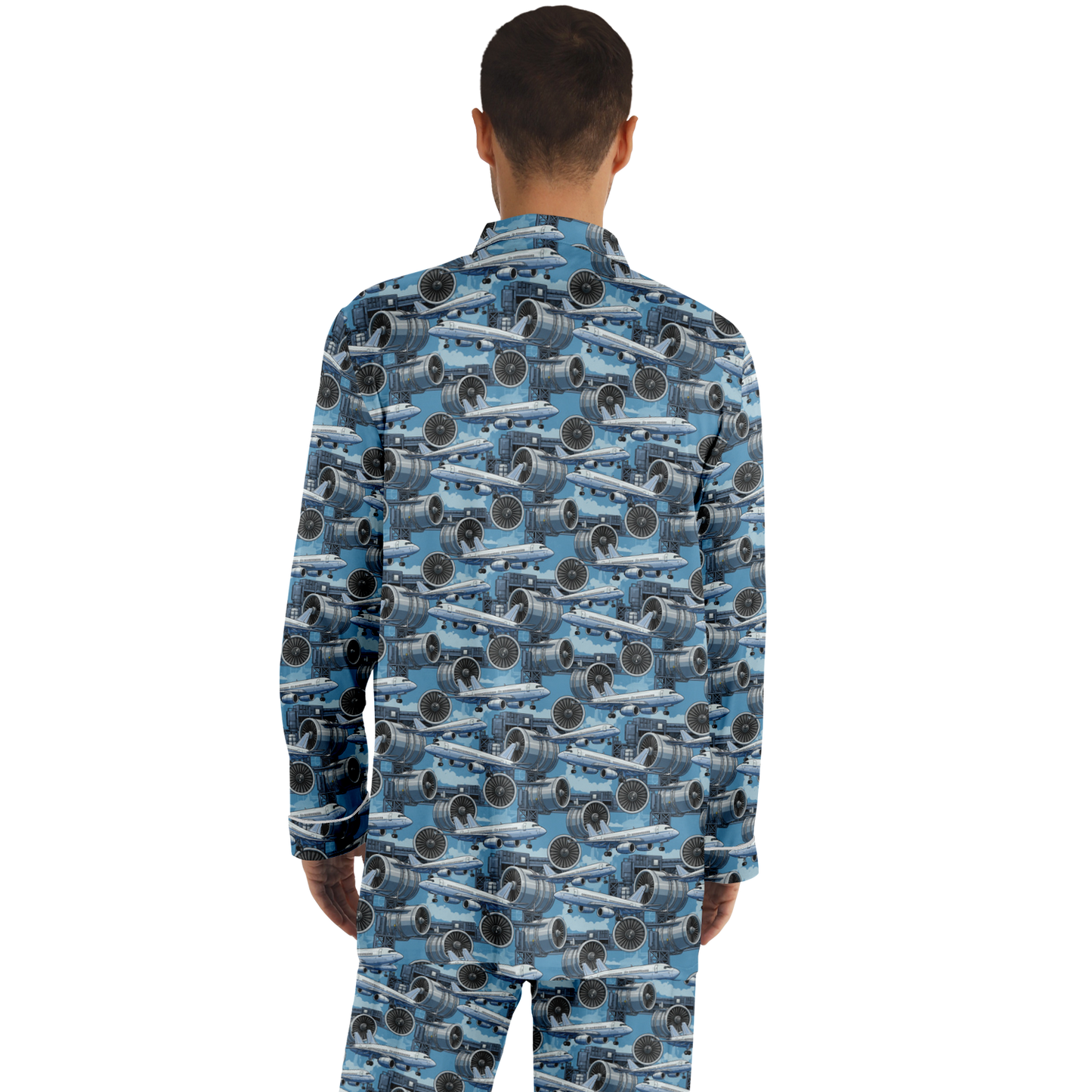 Men's Satin Blue Sky Aircraft Mechanic Pajamas - AOP