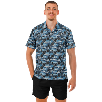 Spread Collar Short Sleeve Button-Down Blue Sky Aircraft Mechanic Shirt - AOP