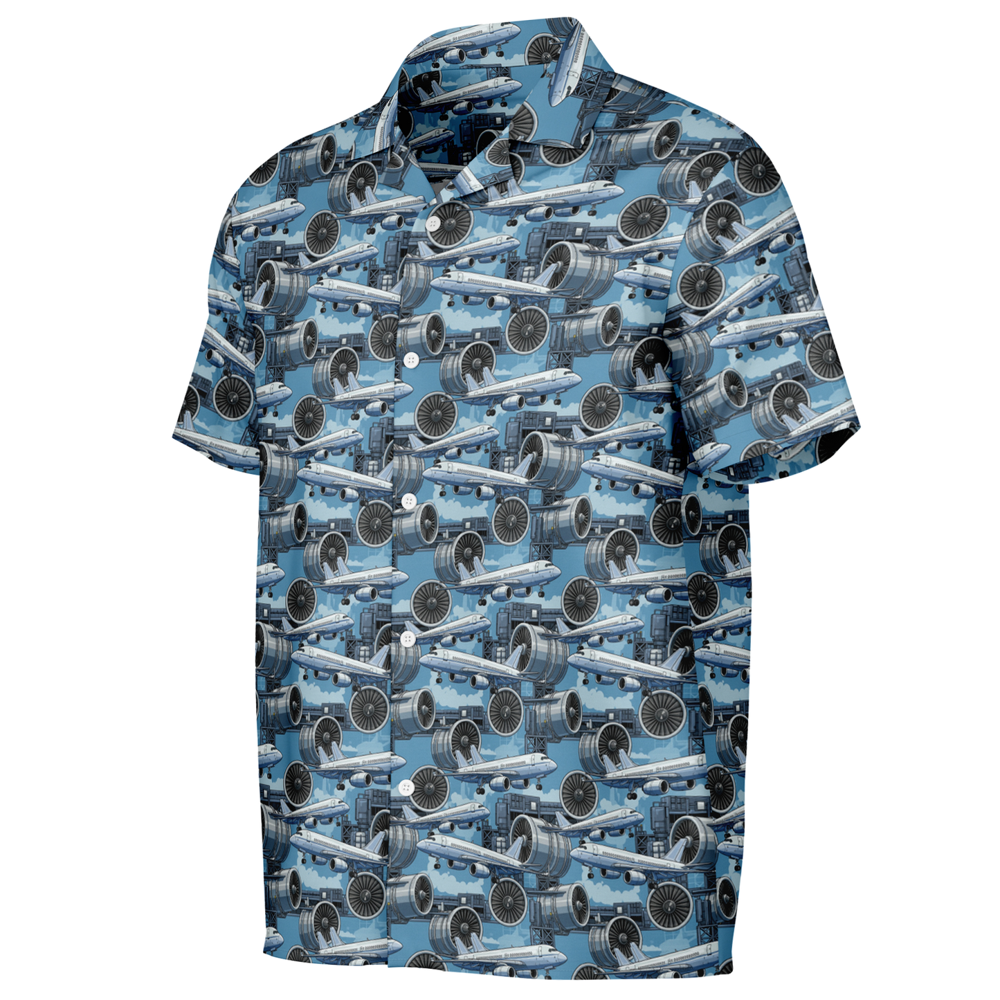 Spread Collar Short Sleeve Button-Down Blue Sky Aircraft Mechanic Shirt - AOP