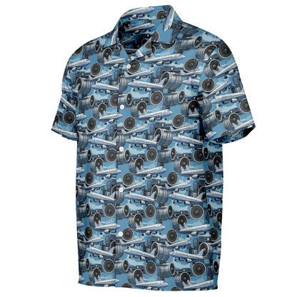 Spread Collar Short Sleeve Button-Down Blue Sky Aircraft Mechanic Shirt - AOP