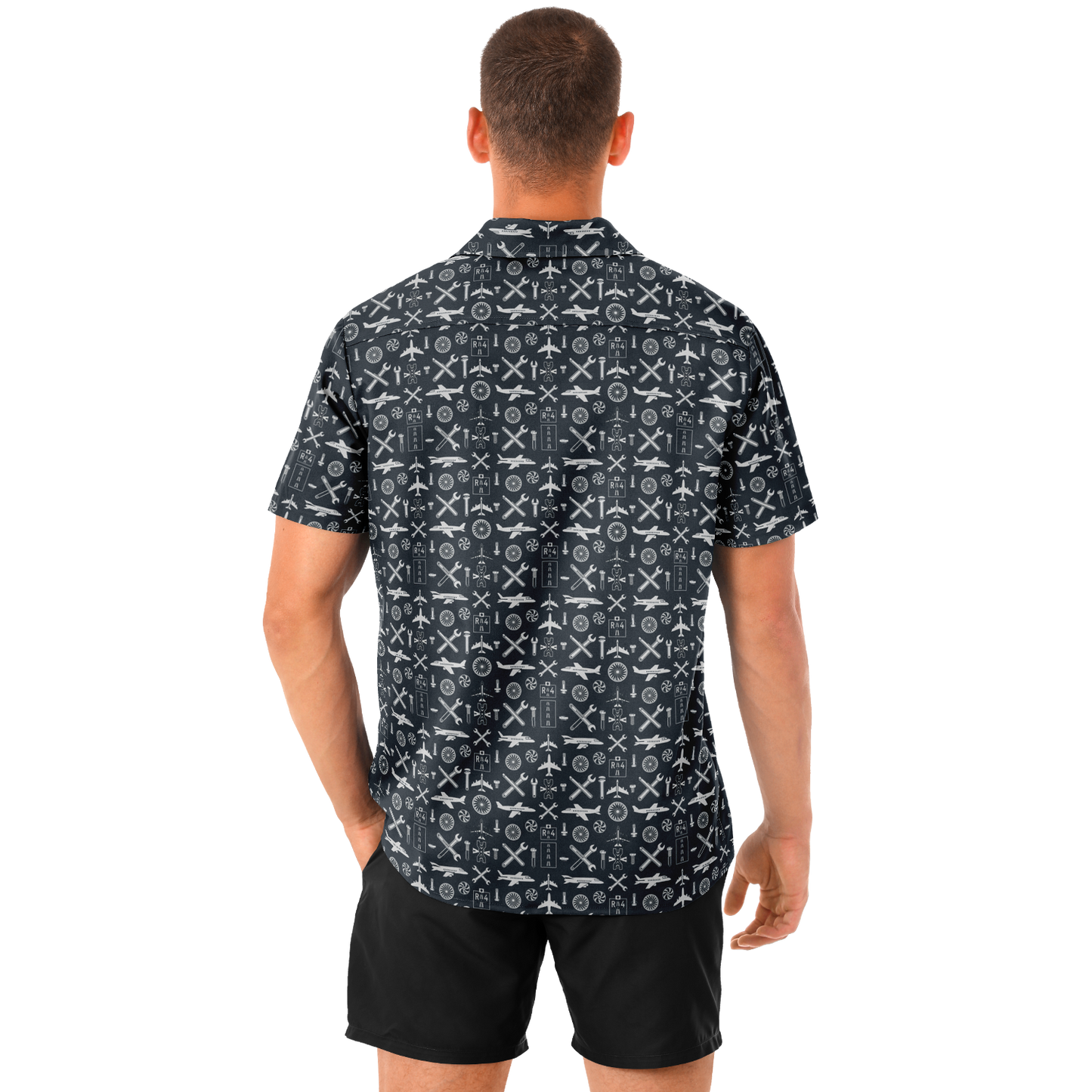 Spread Collar Short Sleeve Button-Down Aircraft Symbol Shirt For Aircraft Mechanic - AOP