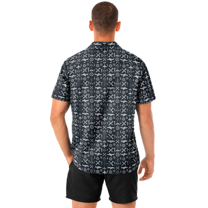 Spread Collar Short Sleeve Button-Down Aircraft Symbol Shirt For Aircraft Mechanic - AOP