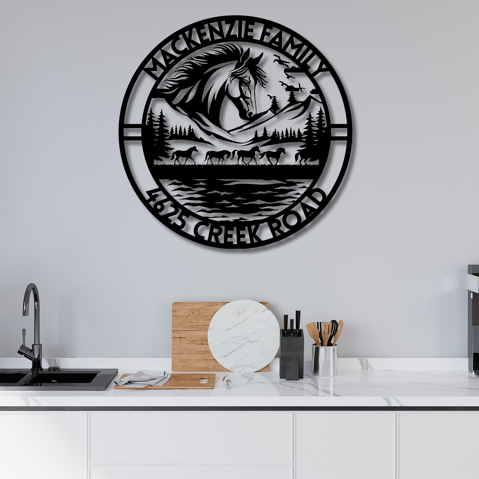 Custom Metal Hobby Horse Sign - Rustic Farmhouse Wall Art with Personalized Family Name and House Numbers
